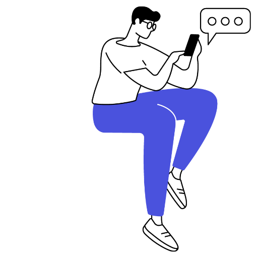 Man in glasses, blue pants, and white shirt seated while looking at his phone; speech bubble.