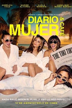 Movie poster: Four women in robes on a beach, promoting 