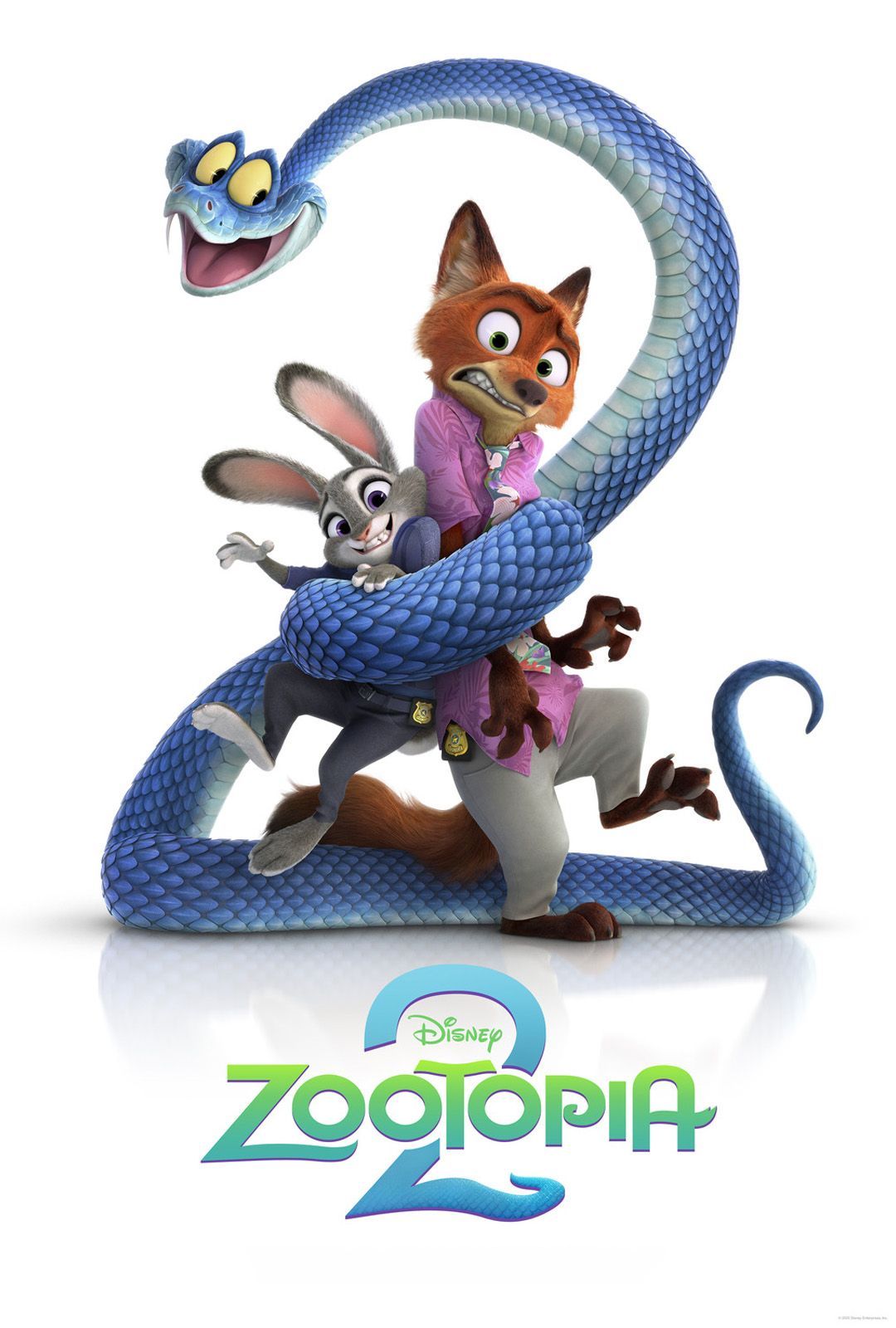 Judy Hopps and Nick Wilde, from Zootopia, being wrapped by a blue snake; movie poster.