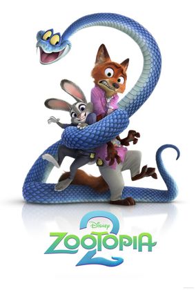 Judy Hopps and Nick Wilde, from Zootopia, being wrapped by a blue snake; movie poster.