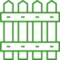 A green line drawing of a wooden fence on a white background.