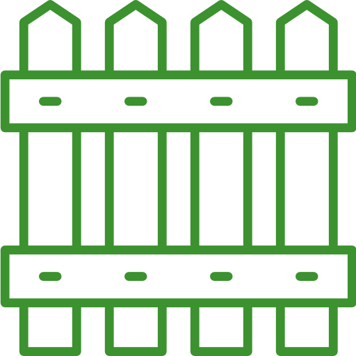 A green line drawing of a wooden fence on a white background.