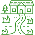 A line drawing of a house surrounded by trees and a road.