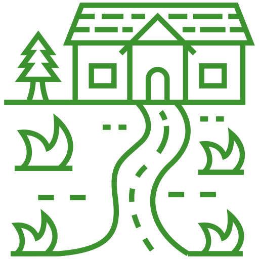 A line drawing of a house surrounded by trees and a road.