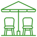 A line drawing of a table and chairs under an umbrella.