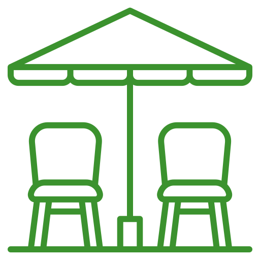 A line drawing of a table and chairs under an umbrella.