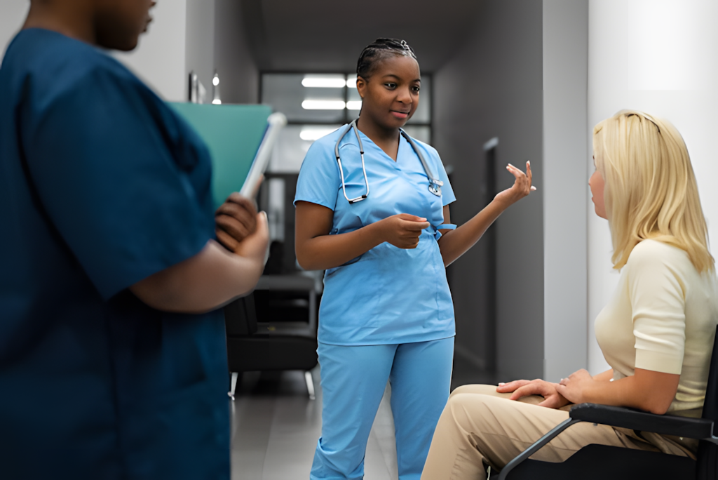 A female nurse in the health job space talking with a patient