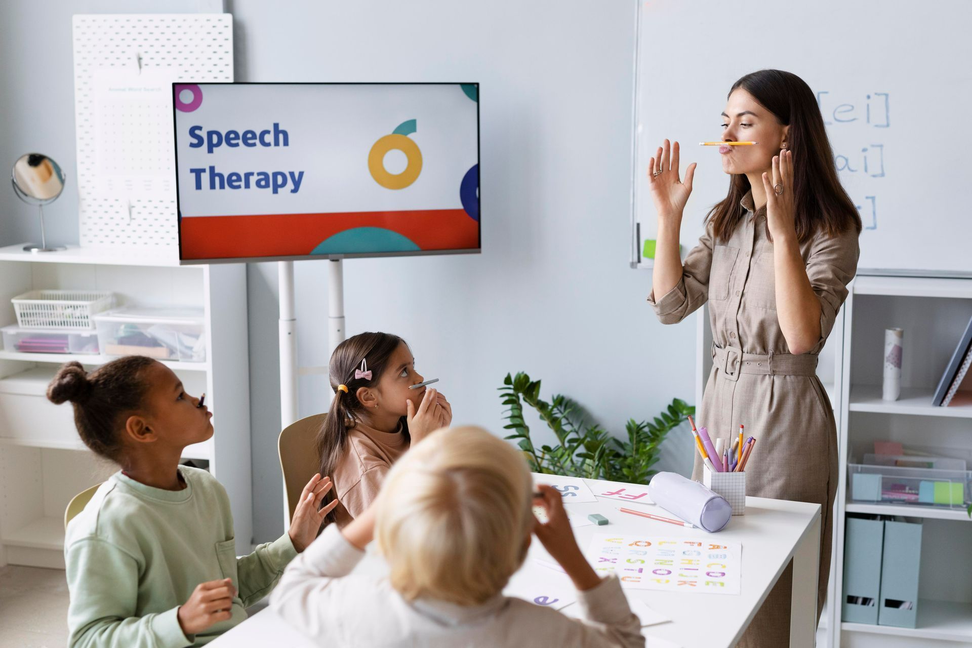 Speech pathologist teaching children in a speech therapy session focused on communication skills