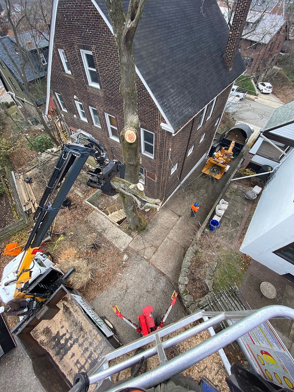 An aerial view of a tree being removed from a house