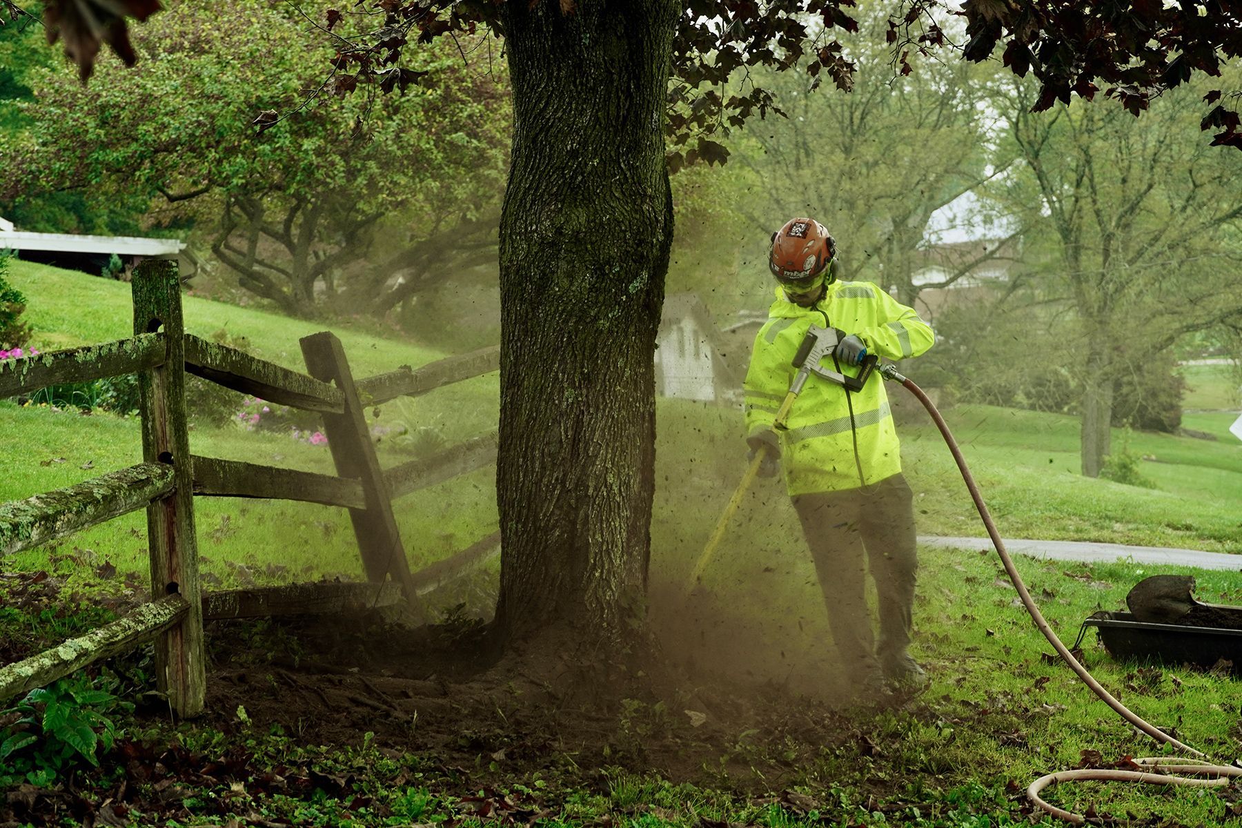 A man in a yellow jacket is using a hose to spray a tree