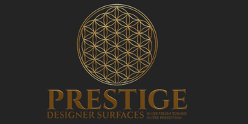 Logo for Prestige Designer Surfaces, with a gold geometric design on a black background.