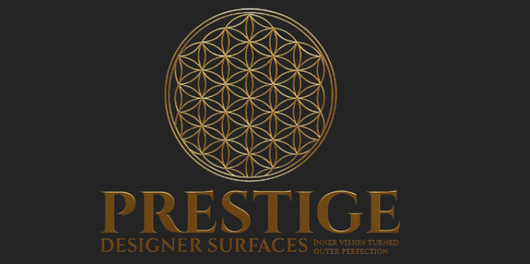 Logo for Prestige Designer Surfaces, with a gold geometric design on a black background.