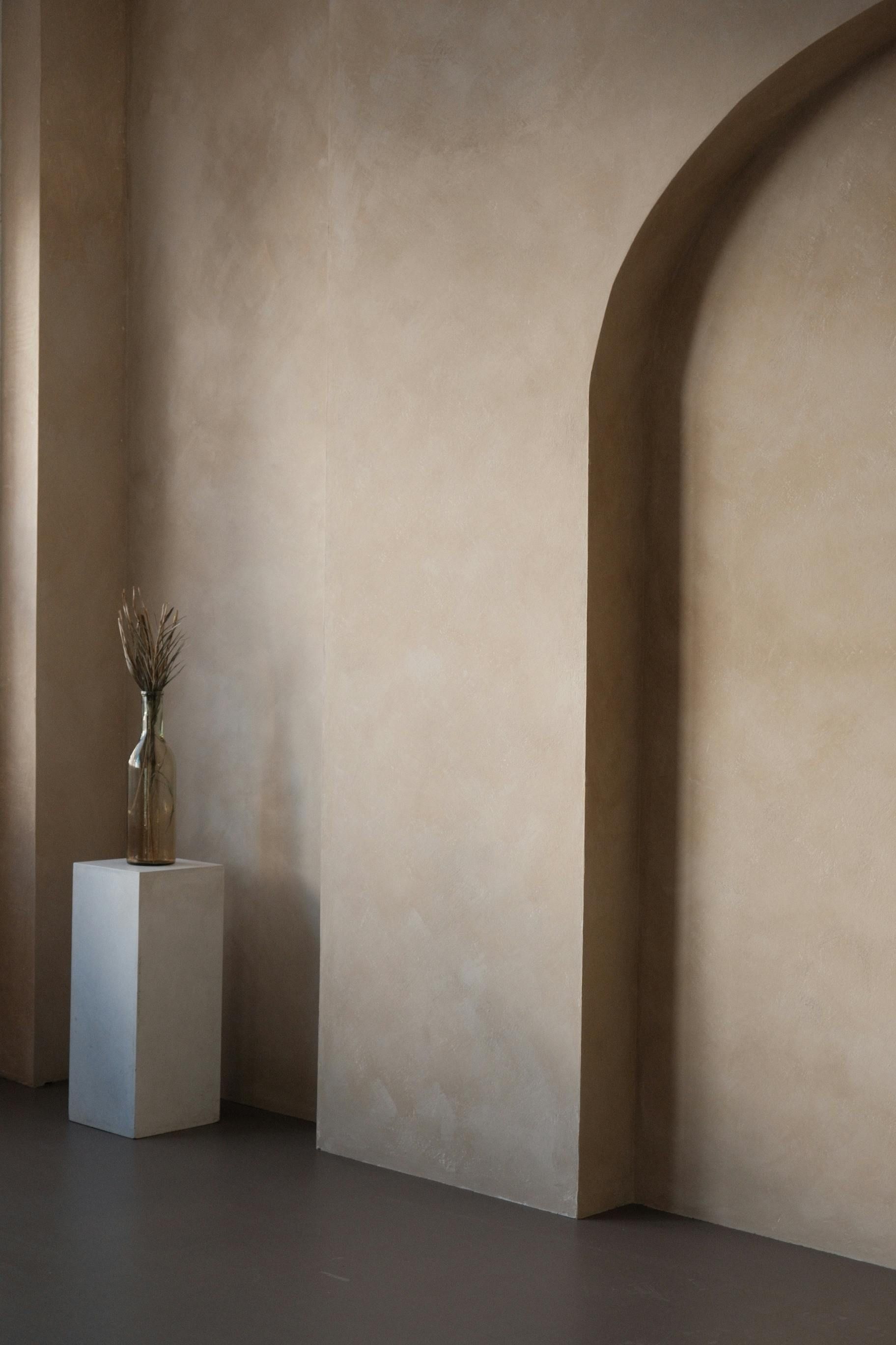 Beige plaster wall with arched doorway, white pedestal, vase of dried plants.
