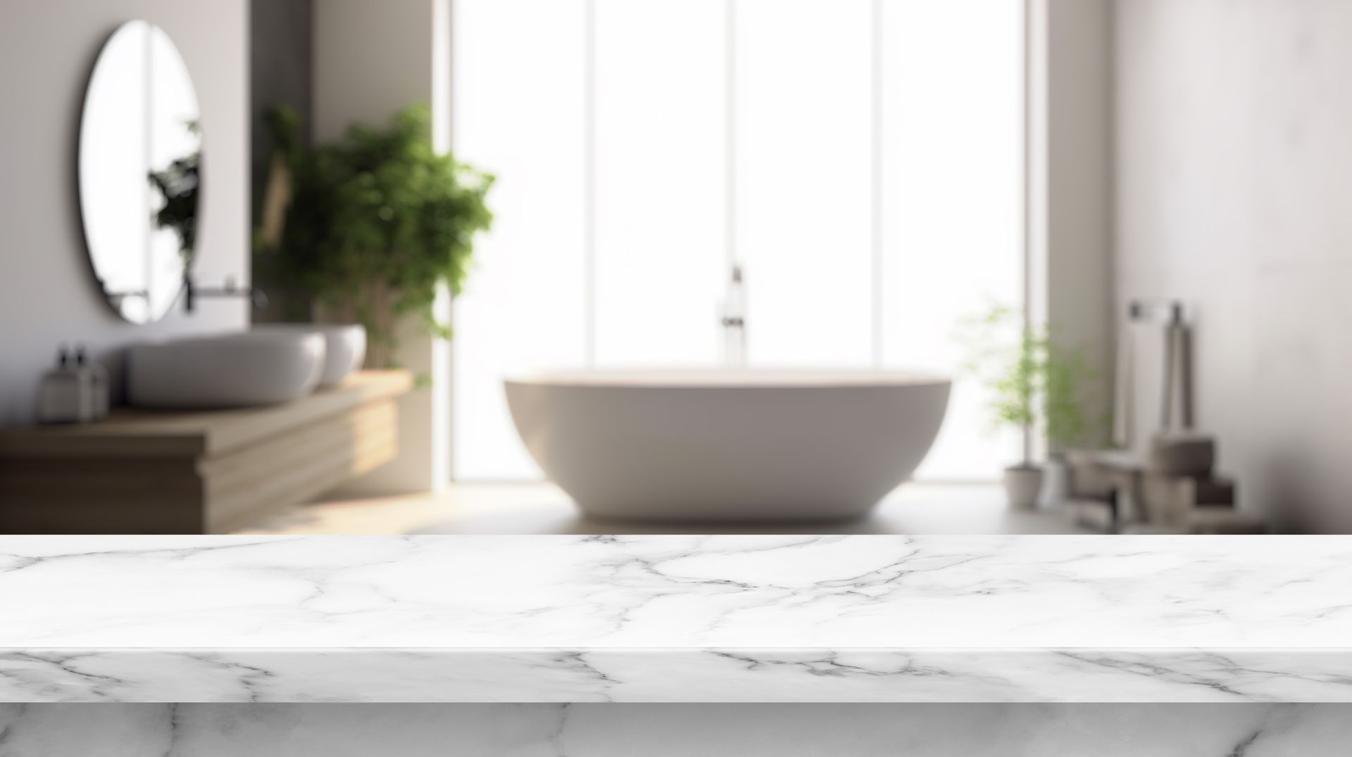 Marble countertop in front of a blurred modern bathroom with a tub, sink, and large window.