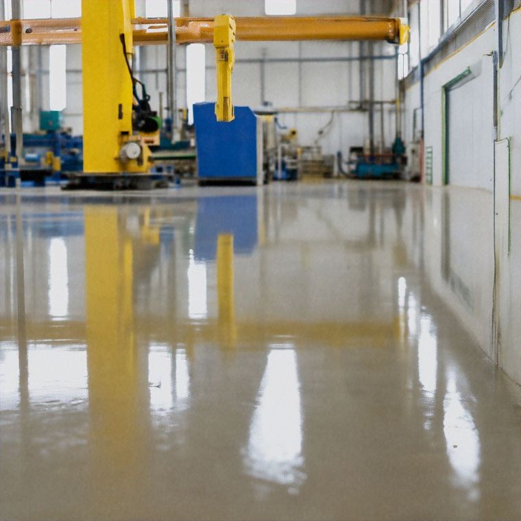 Shiny, light-colored industrial floor reflecting yellow robotic arm and warehouse fixtures.