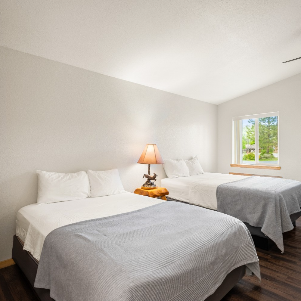 A hotel room with two beds and a lamp