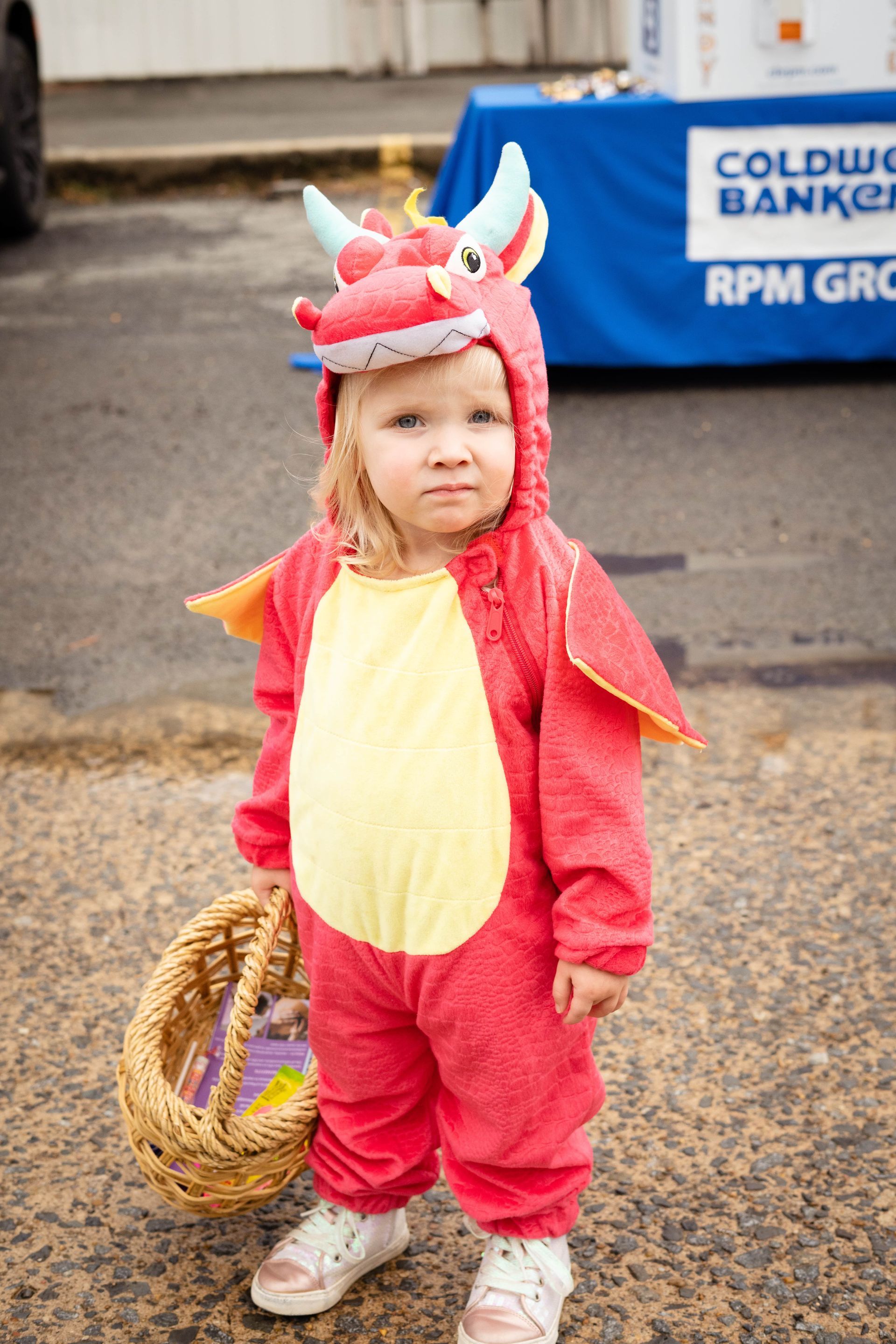 A little girl in a dragon costume is holding a basket.