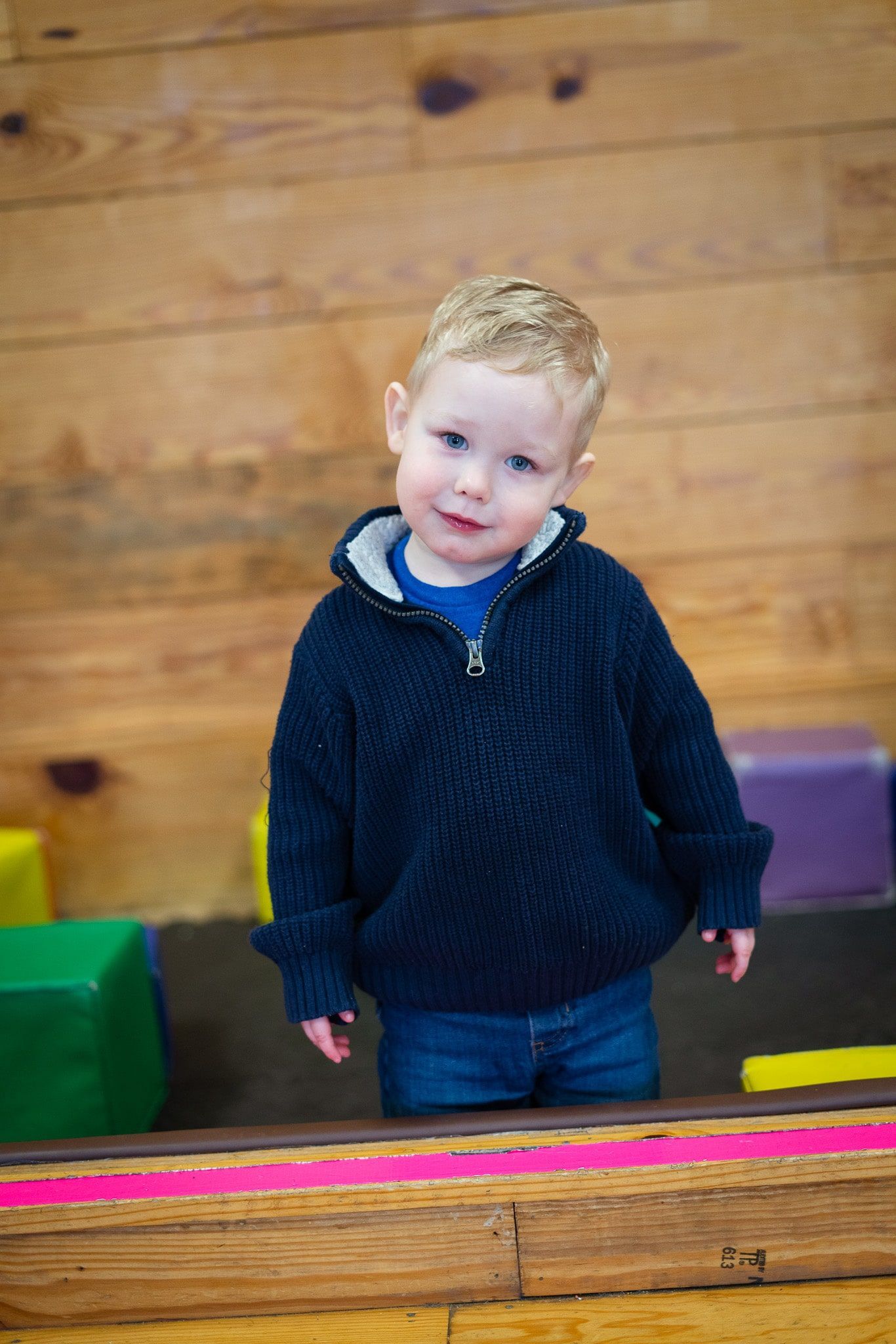 A young boy in a blue sweater is standing in front of a wooden wall.