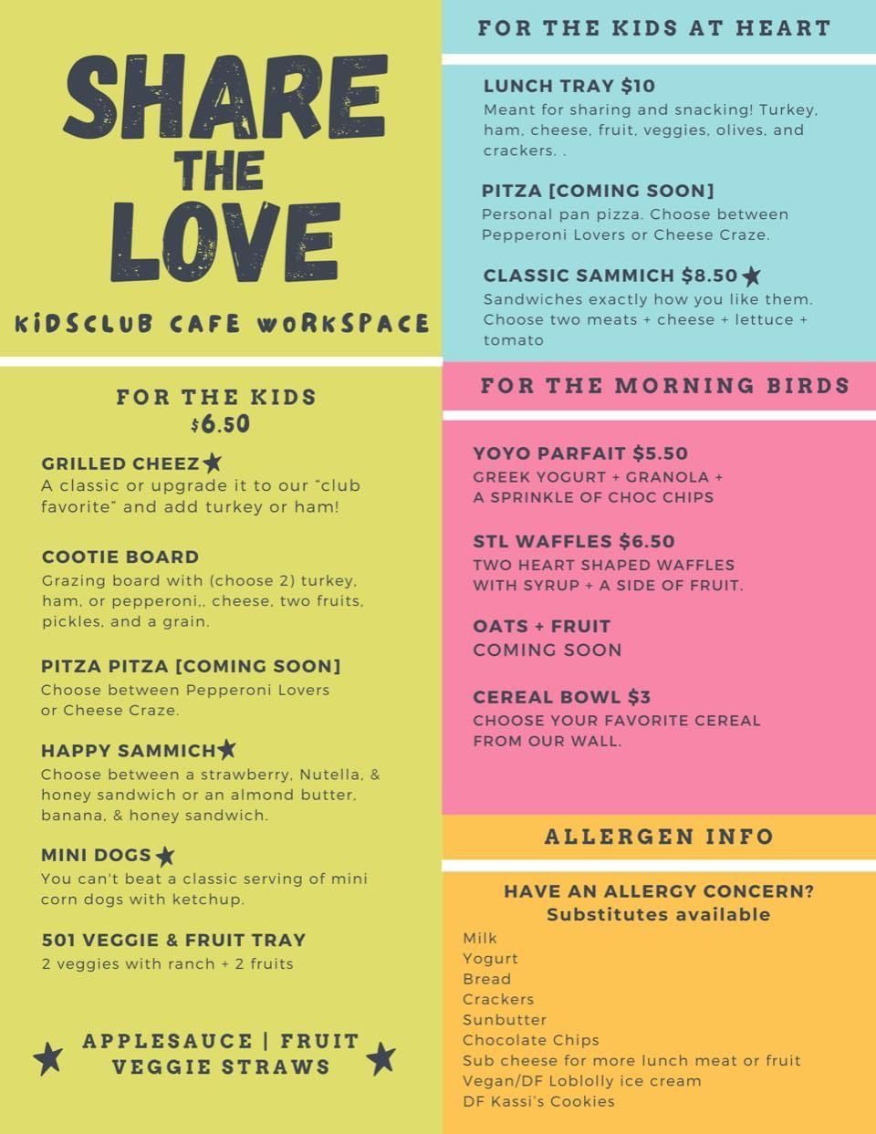 A menu for a restaurant called share the love