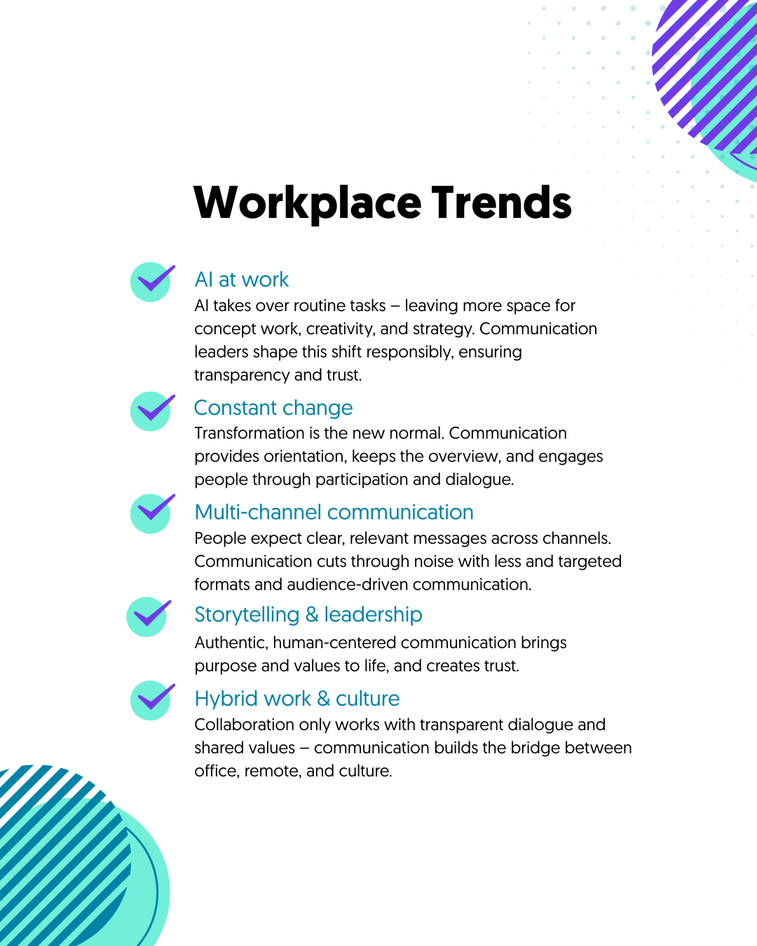 Workplace trends infographic with listed trends and decorative blue shapes.