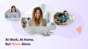 People working remotely. A woman at home smiles while working on a laptop. Two people appear via video call.