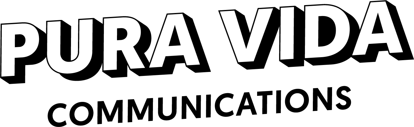 "Pura Vida Communications" logo in white, with a black shadow. The words are in a sans-serif font.