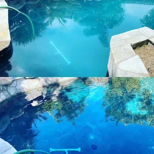 Blue swimming pool with stone edges and reflections of trees in the water