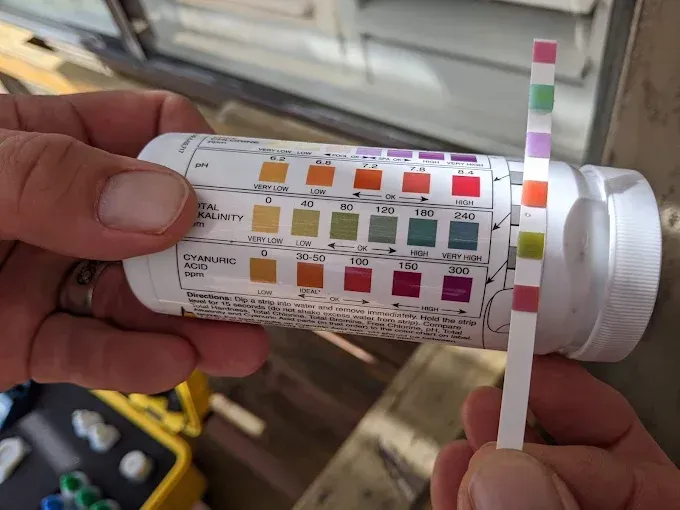 Hand holding a urine test strip beside a color comparison chart on a sample container