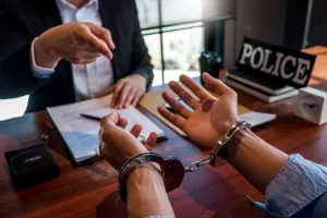 Person in handcuffs at a table with a police officer in a police station; officer points.