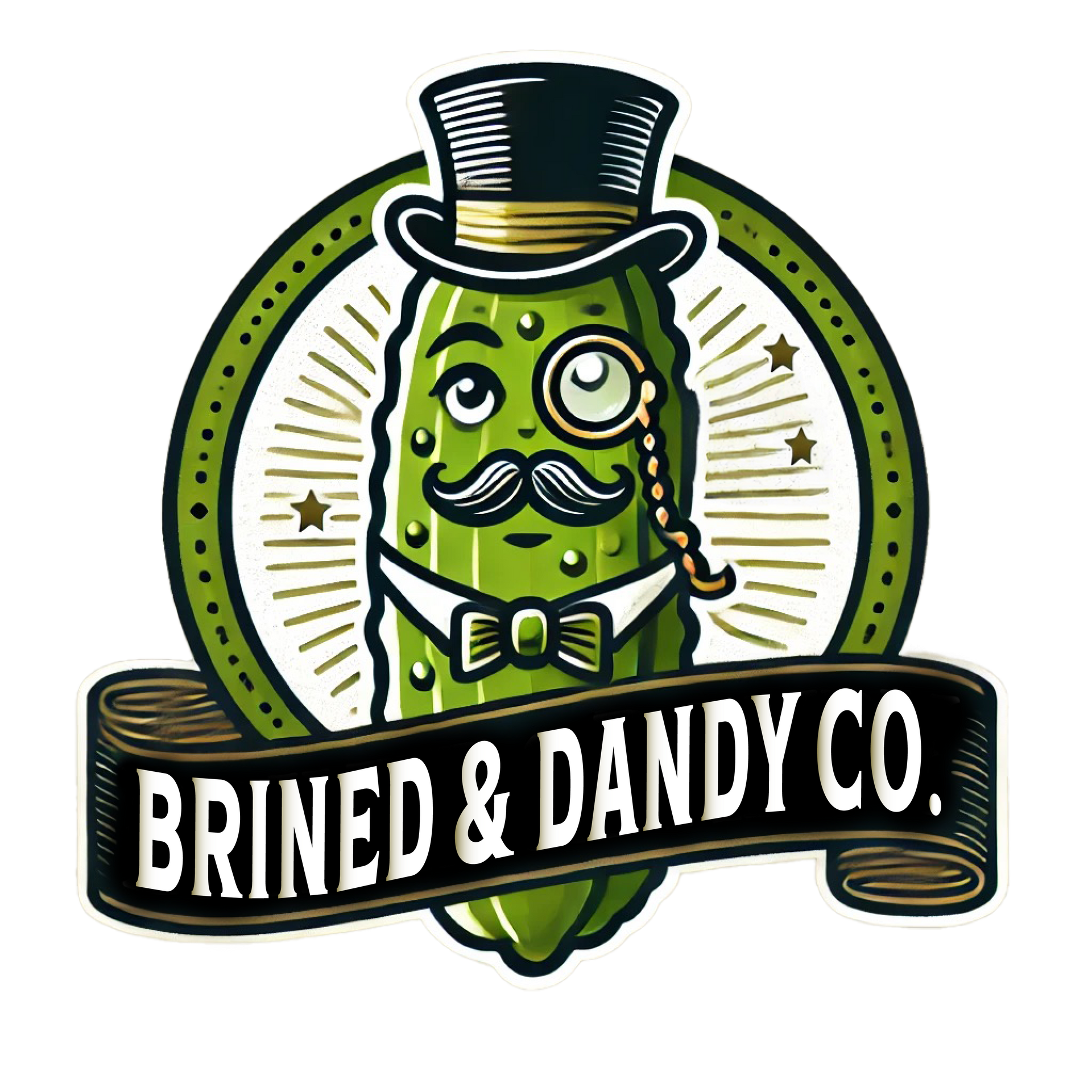 The logo for brined & dandy co. shows a pickle wearing a top hat and bow tie.