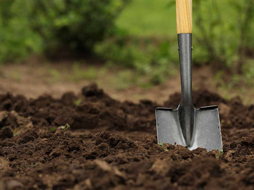Hand scooping soil from a blue bucket with a green-handled trowel.
