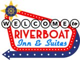 A logo for riverboat inn and suites with an anchor in a circle.