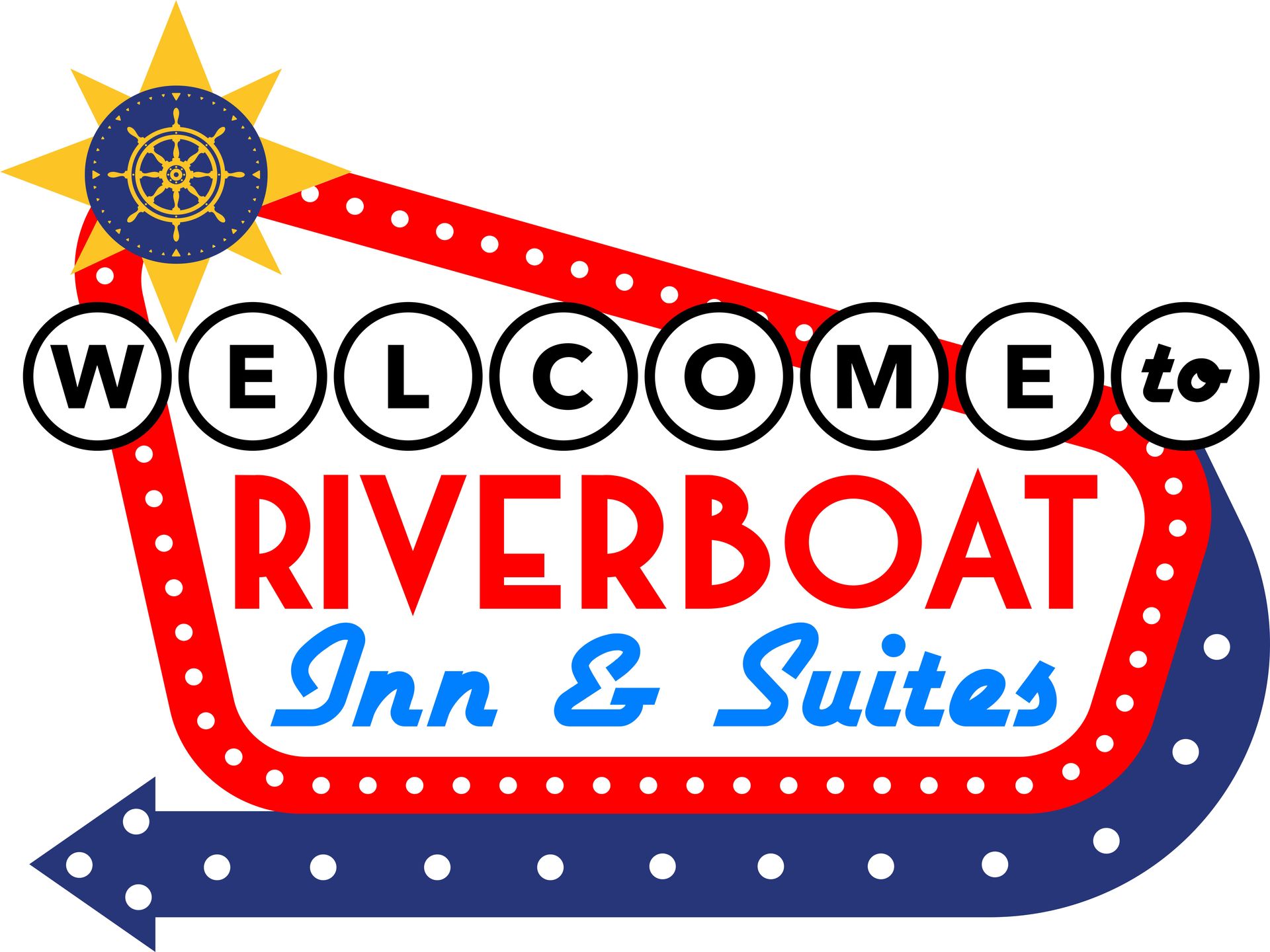 A logo for riverboat inn and suites with an anchor in a circle.