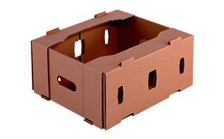 Caja de cartón marrón con asas recortadas en los lados y en la parte superior, probablemente para transporte de productos.