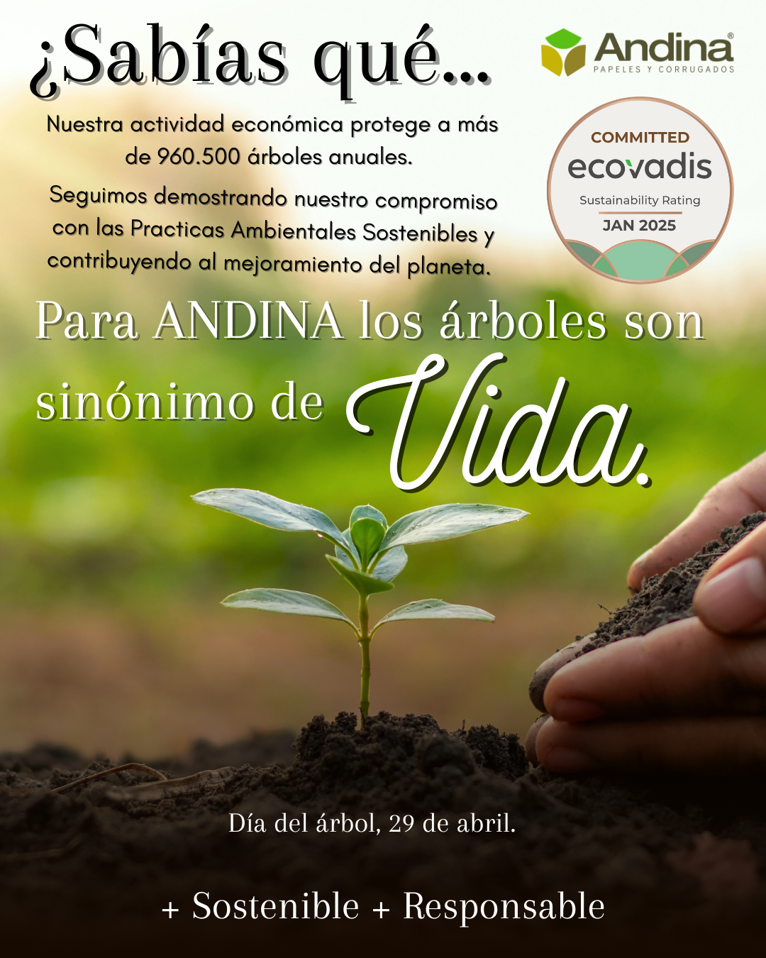Anuncio de Andina. Una persona planta una plántula. El texto dice: «Para Andina, los árboles son sinónimo de vida» y promueve prácticas sostenibles.
