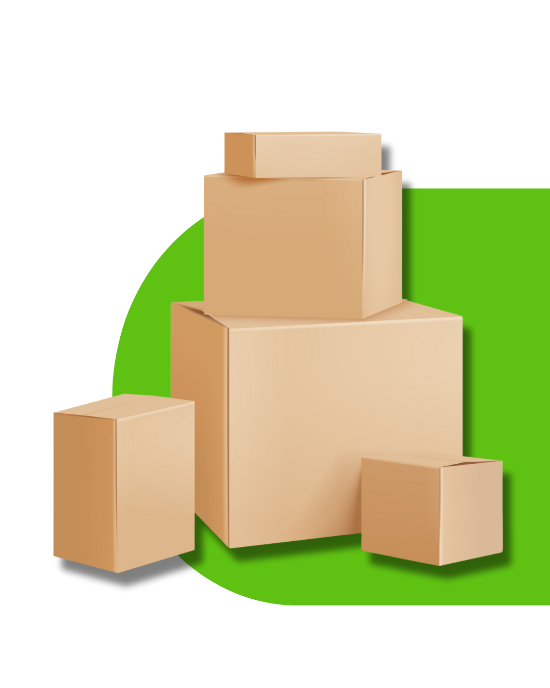 Cinco cajas de cartón apiladas de diferentes tamaños sobre un fondo verde.