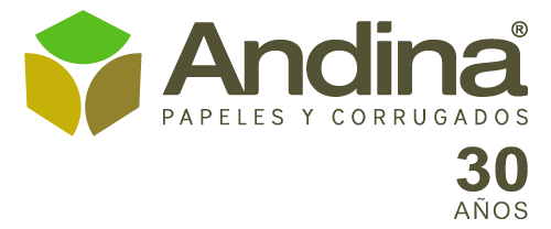 Logotipo para Andina, Papeles y Corrugados, que presenta formas geométricas verdes y amarillas junto a texto verde oscuro.