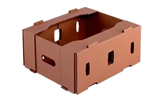 Caja de cartón marrón, parcialmente ensamblada, con recortes para asas y pestañas de bloqueo.