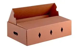 Caja de cartón marrón con recortes para asas y orificios de ventilación, parcialmente abierta.