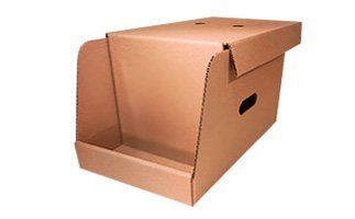 Caja expositora de cartón con bandeja frontal, tapa y asas laterales.