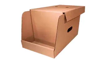 Caja de cartón con estante incorporado, abierta por un lado y con recorte para asa. Marrón.