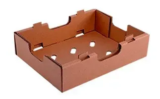 Bandeja para productos de cartón marrón, con orificios de ventilación y cortes para las manos.