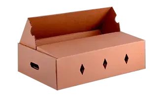 Caja de cartón corrugado de color marrón con tapa parcialmente abierta, asas de transporte y orificios de ventilación en forma de diamante.