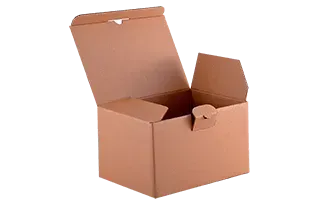 Caja de cartón marrón, parcialmente abierta, con la solapa superior levantada, revelando el interior vacío.