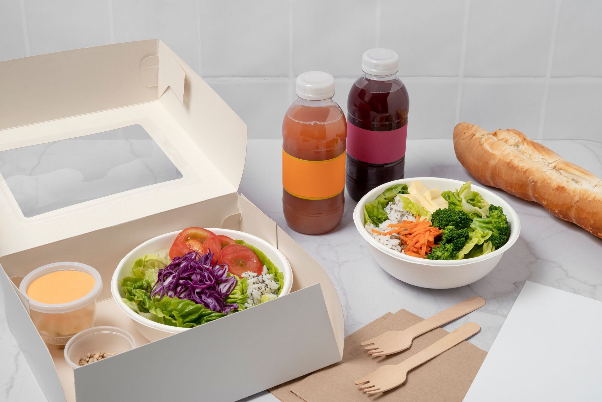 Un almuerzo de ensalada en caja con dos bebidas, pan y cubiertos de madera. Una ensalada lleva tomate, lechuga y repollo morado; la otra, brócoli y arroz.