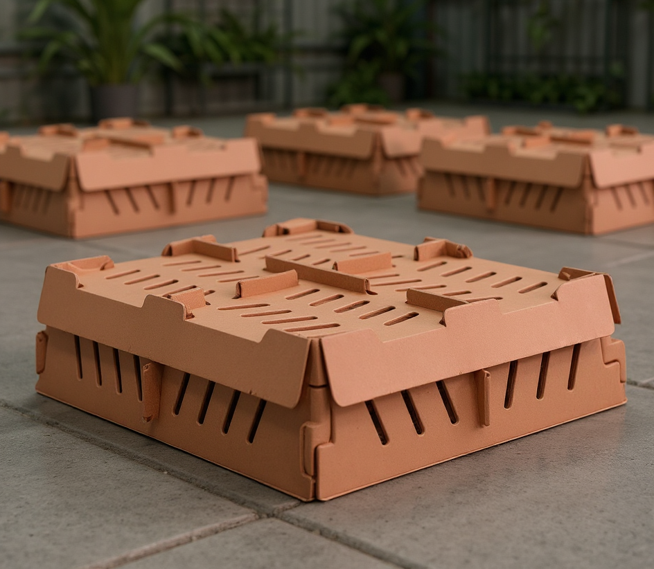 Cajas plásticas ventiladas apiladas en un área exterior, diseñadas para transporte y almacenamiento 