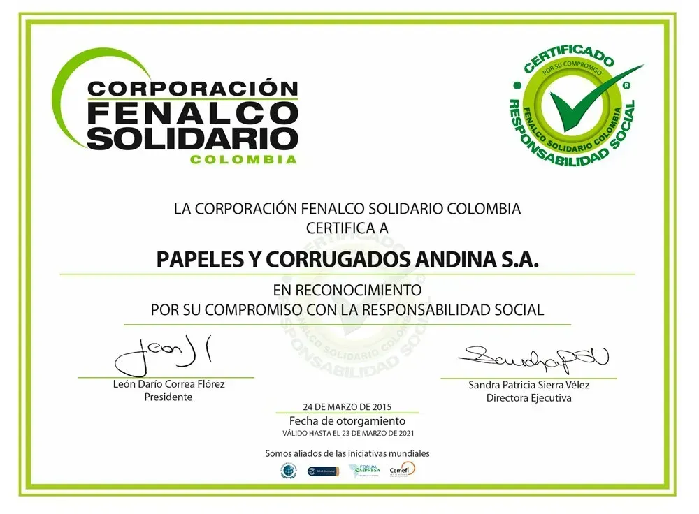 Certificate from Corporación Fenalco Solidario Colombia to Papeles y Corrugados Andina S.A., for social responsibility.