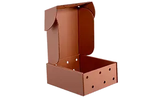 Caja de cartón marrón, abierta, con varios agujeros circulares. Probablemente para envío o almacenamiento.