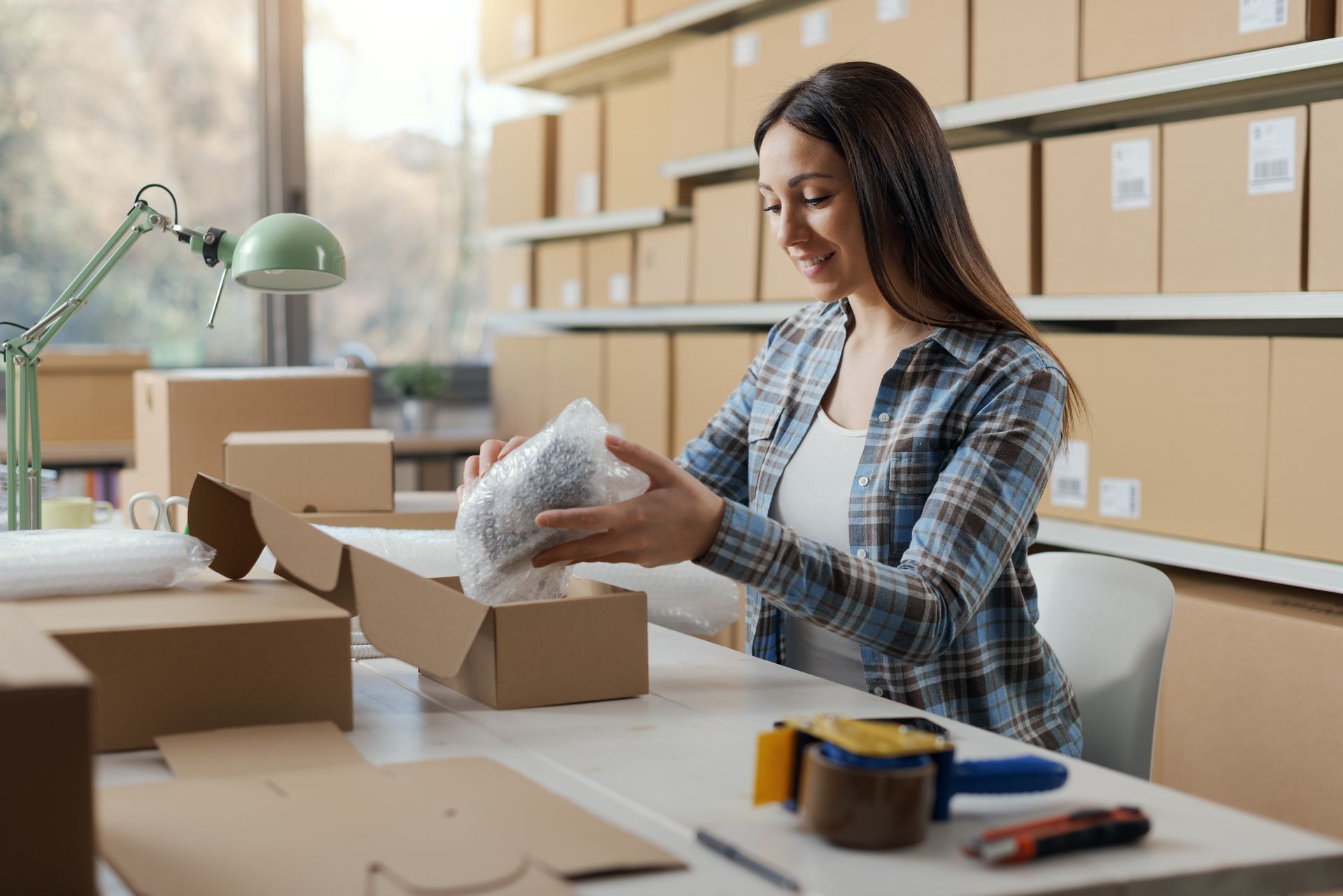 Mujer prepara un envío, empacando un producto con plástico de burbujas en su mesa de trabajo.