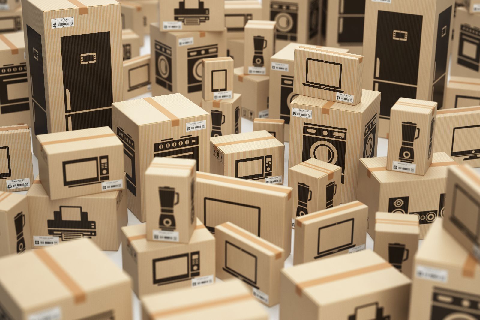 Cajas de cartón apiladas unas sobre otras, cada una con el contorno negro de un electrodoméstico diferente (frigorífico, lavadora, licuadora, etc.).